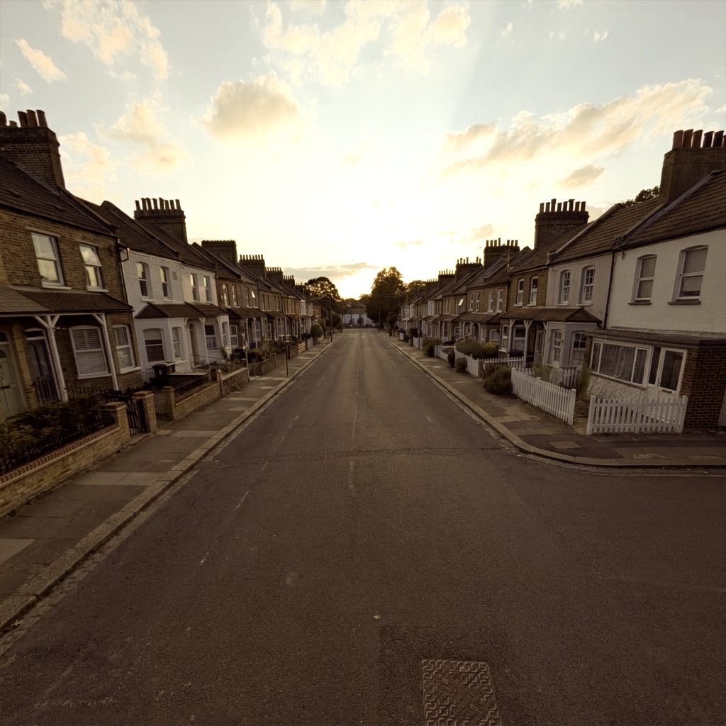 Terraced houses on either side of an empty street, looking west along the southern side of Plaistow Grove.